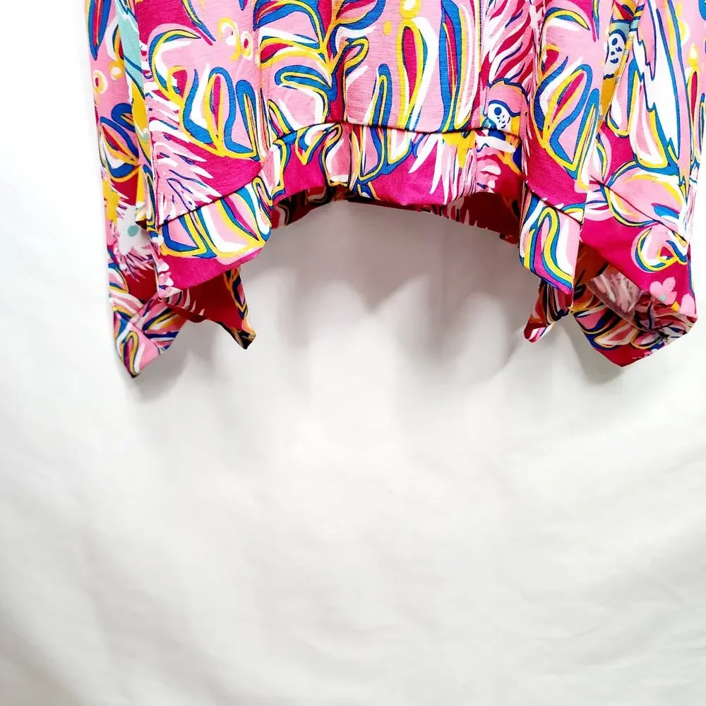 Women's Medium Pink Tropical Print Tunic Top 3/4 Sleeve Resort Wear Bold Print - Picture 9 of 13